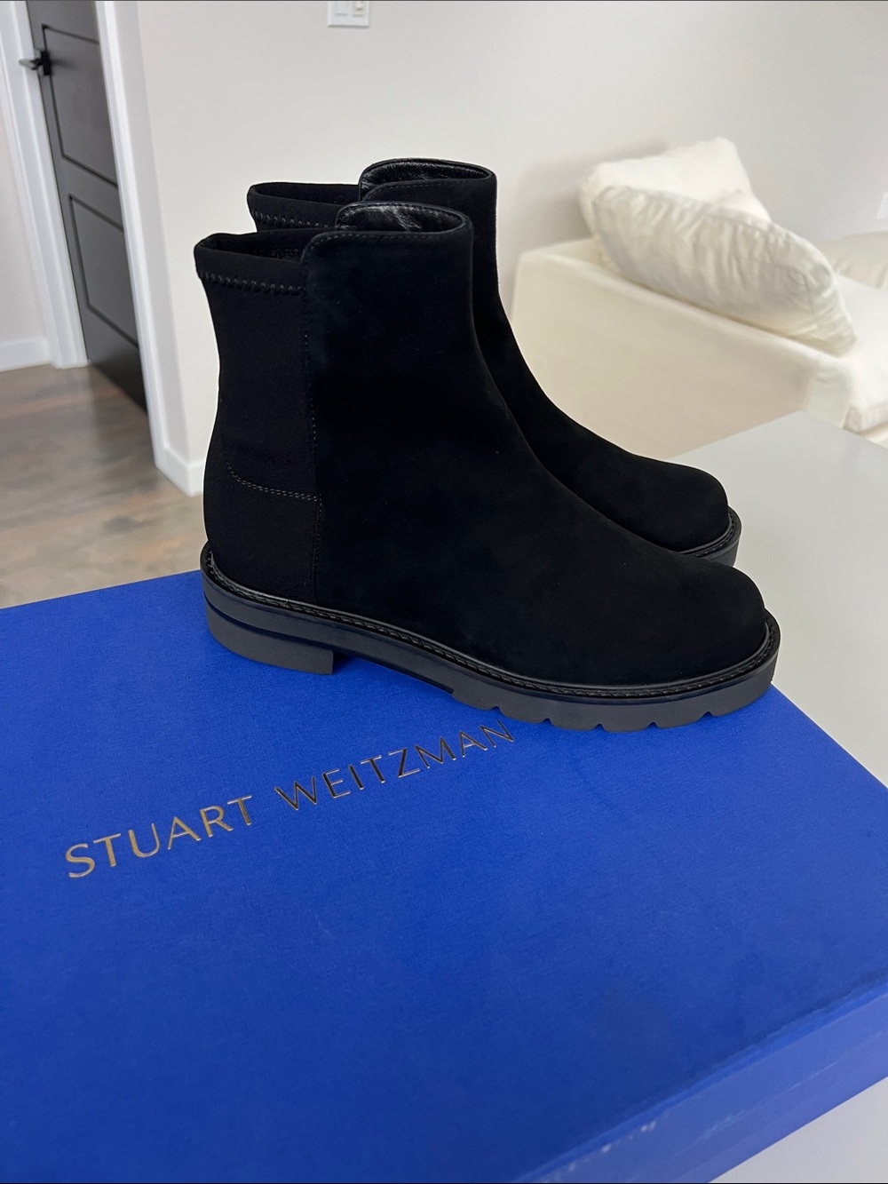 NEW Stuart Weitzman 5050 lift bootie black suede stretchy back ankle boots 6
